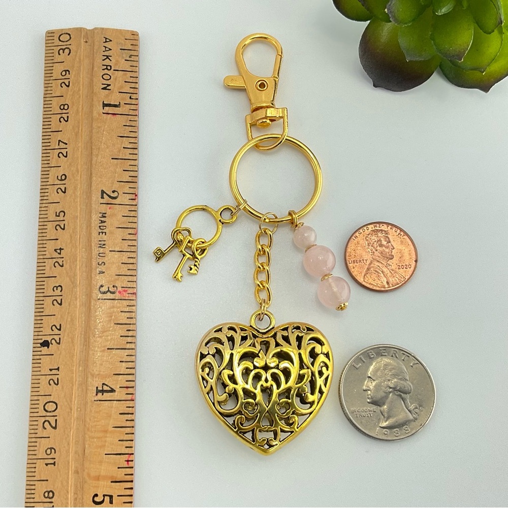 Gold Filigree Heart Purse Charm, Key Chain, Rose Quartz & Miniature Keys Charm - Picture 6 of 7